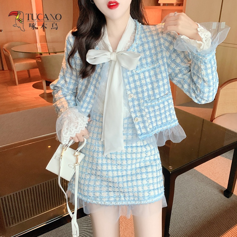 啄木鸟小香风套装重工网纱钉珠小香风外套上衣短裙蕾丝系带衬衫女