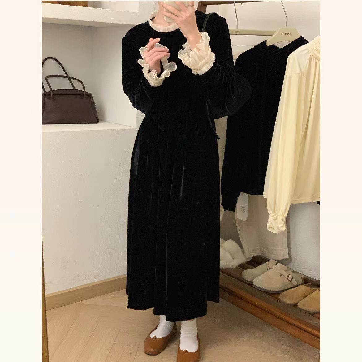 L婷婷推荐  韩系木耳边撞色丝绒连衣裙20599     有内衬松紧腰