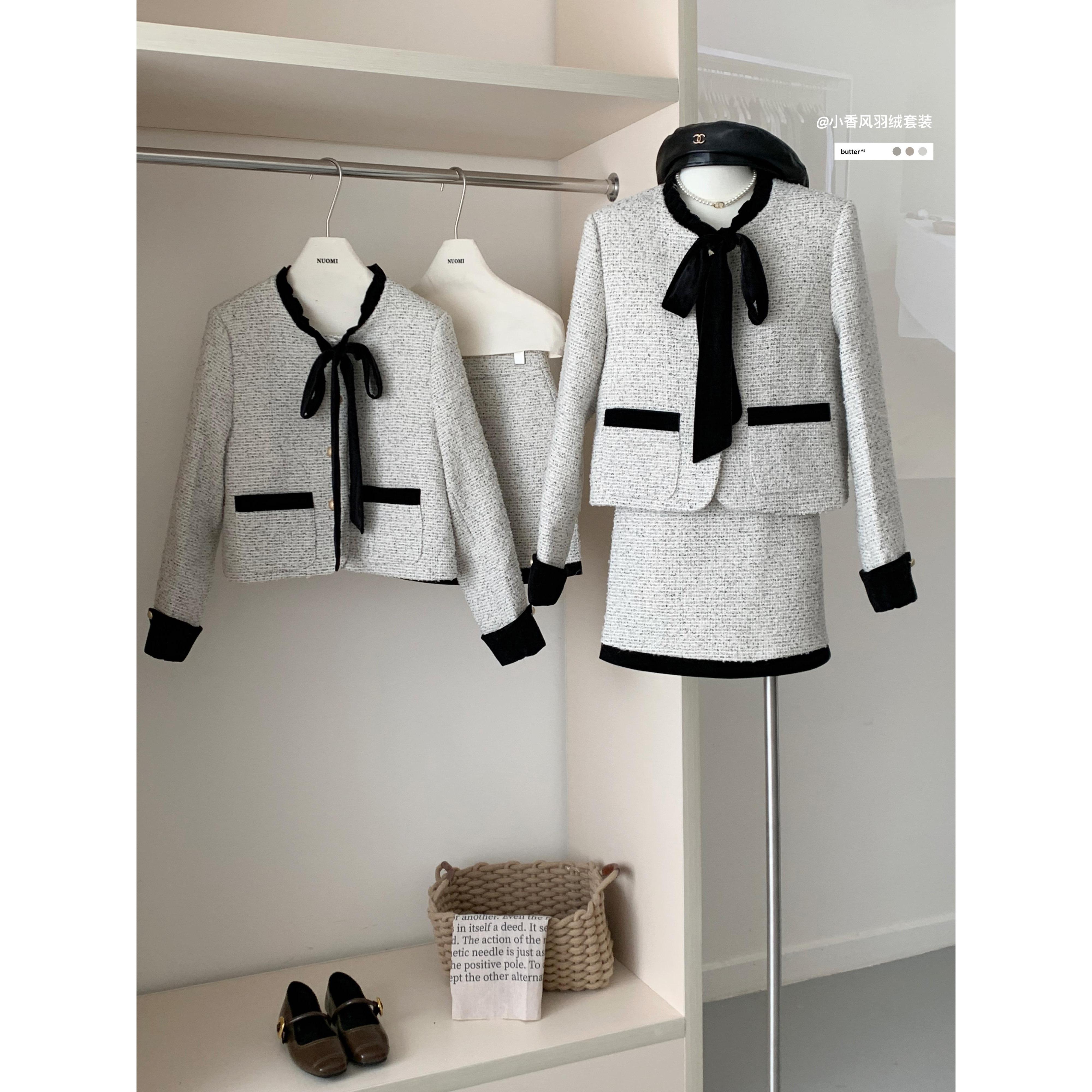 韩剧穿搭套装小香风羽绒厚外套半身裙女秋冬季小个子两件套