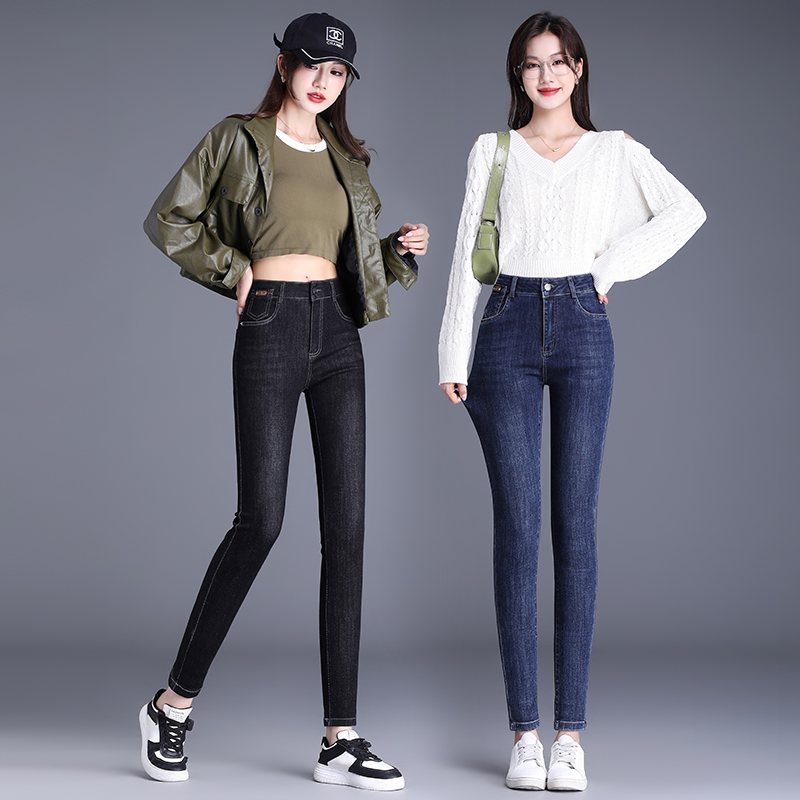 黑色小脚牛仔裤女2023秋冬新款加绒高腰紧身弹力百搭铅笔裤小个子