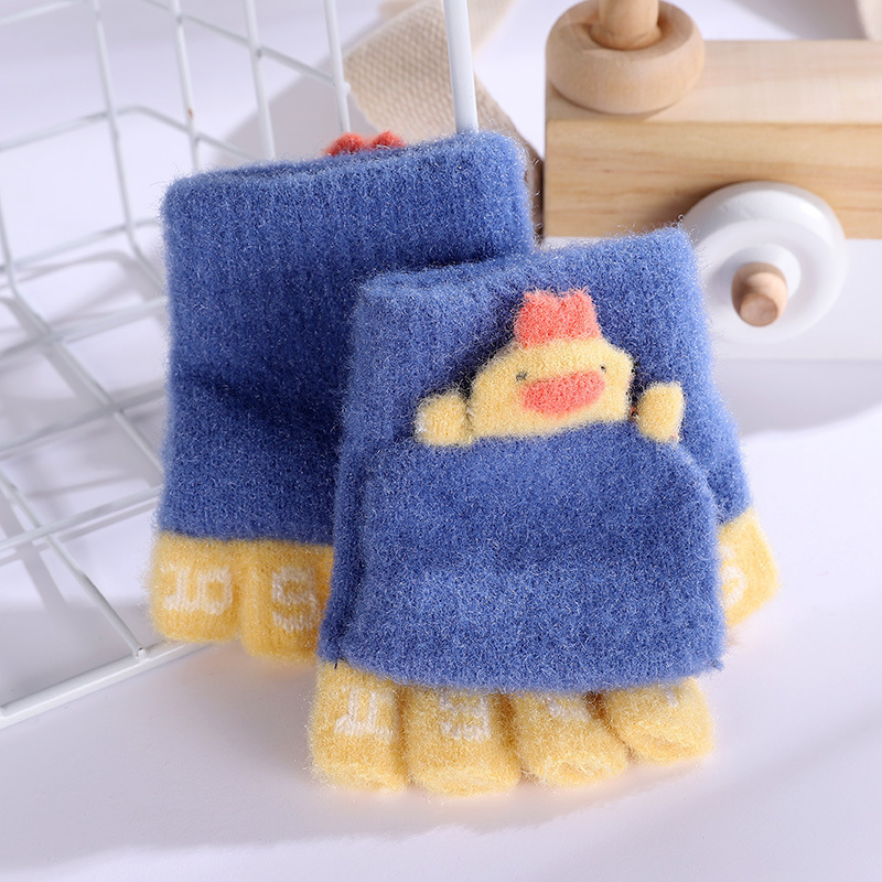 2-5岁儿童手套冬季 小黄鸭数字幼儿园宝宝加厚半指学生翻盖手套女