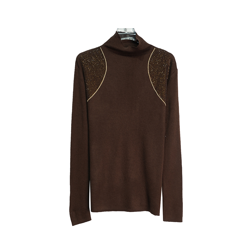 HY5101【上新】时尚羊毛打底衫法式小香风烫钻高领气质百搭咖色上衣