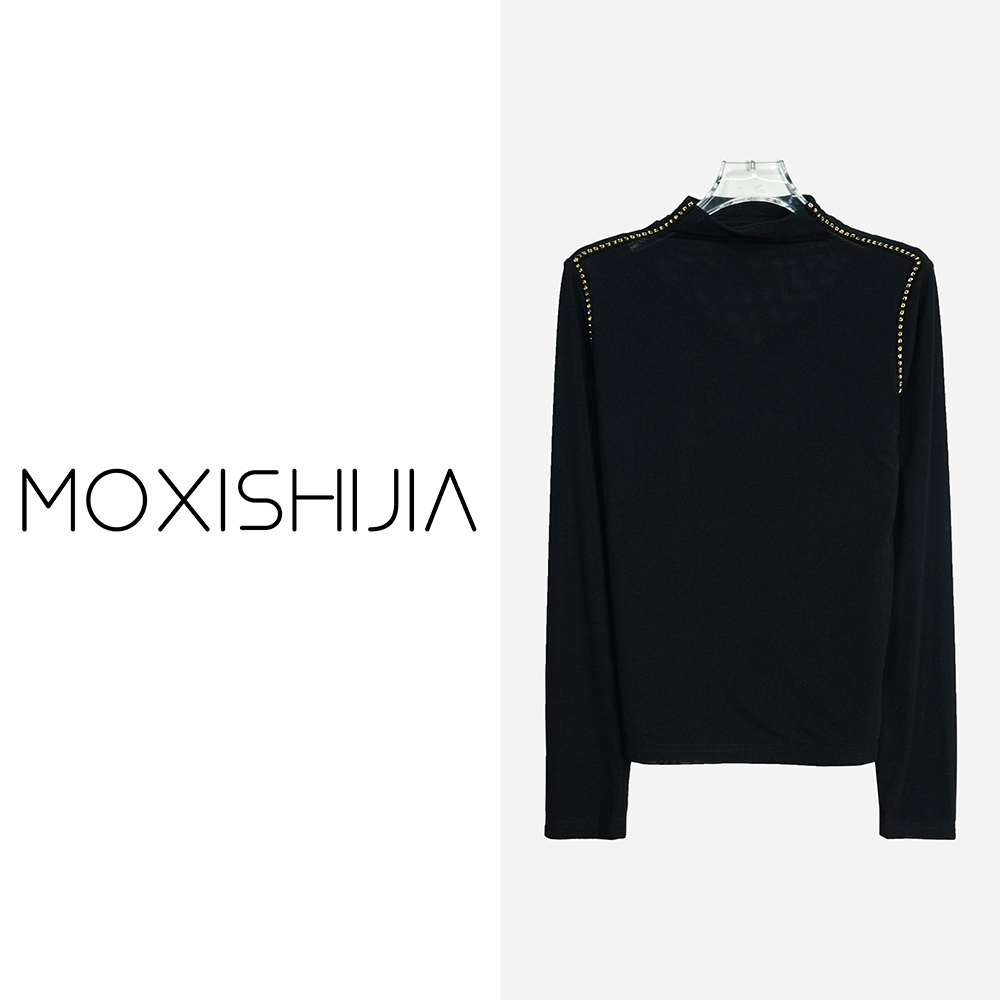 X8952-1【苏琳琳】气质时尚设计感重工烫钻百搭半高领显瘦打底衫3D