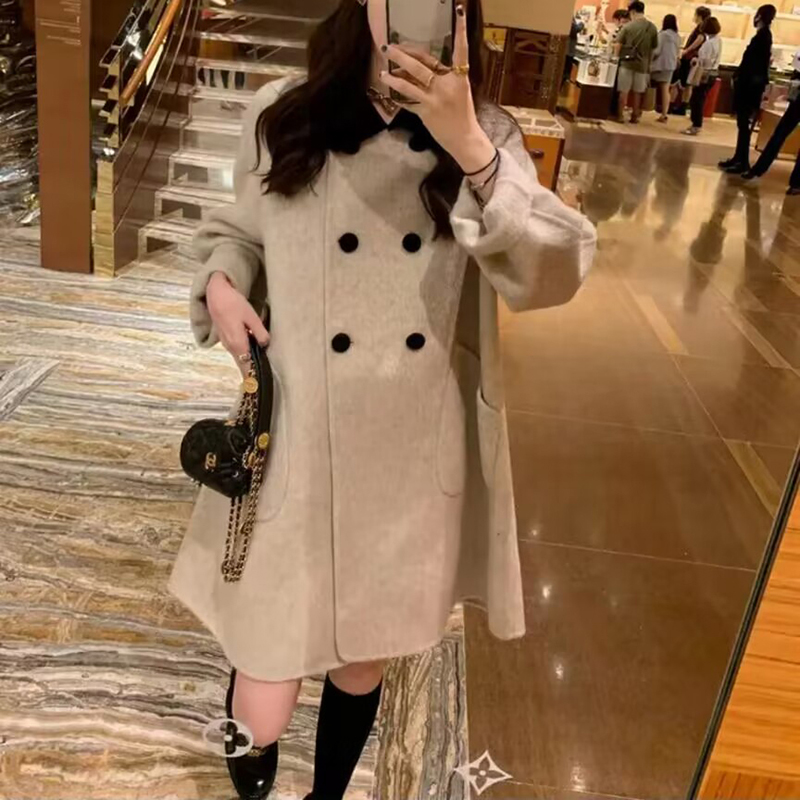 大码小香风双面呢子大衣女中长款小个子复古撞色赫本风呢子大衣冬