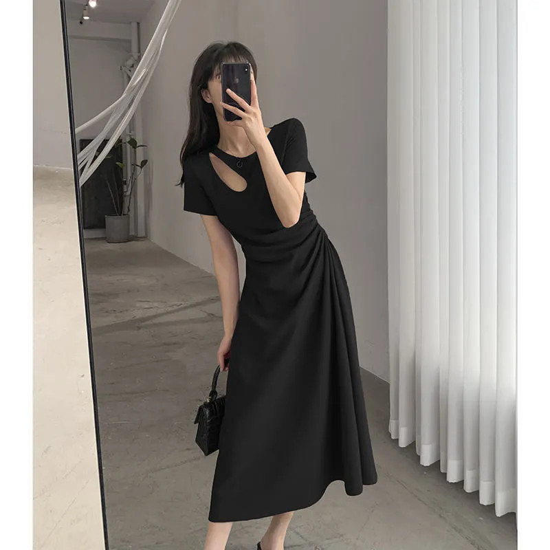 【A1266】螺纹连衣裙女时尚夏季新款镂空法式气质显瘦设计收腰长款