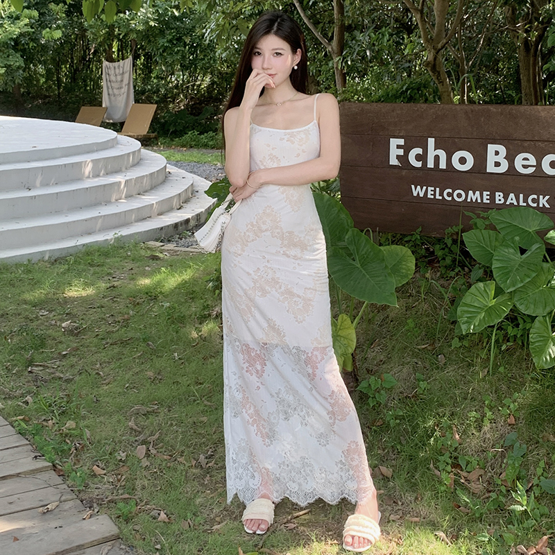 【珍珠少女】蕾丝性感包臀连衣裙女夏季高级感温柔气质显瘦海边长裙