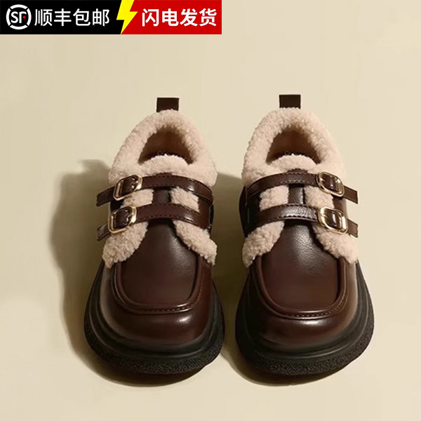 棕色小皮鞋女2023新款秋冬季加绒英伦风雪地靴棉鞋子毛毛鞋乐福鞋