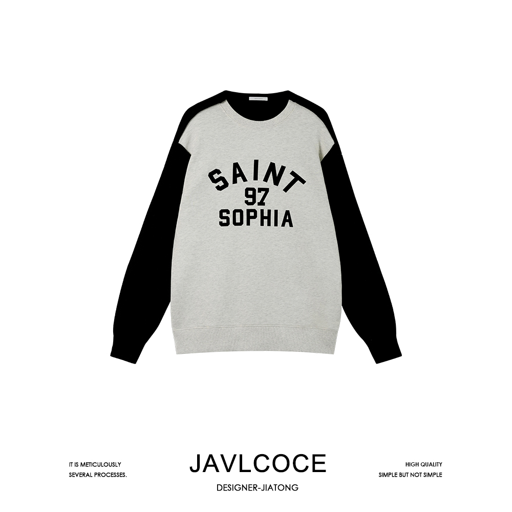 JAVLCOCE/娇可可小众2023年秋冬新品简约圆领撞色拼接植绒卫衣