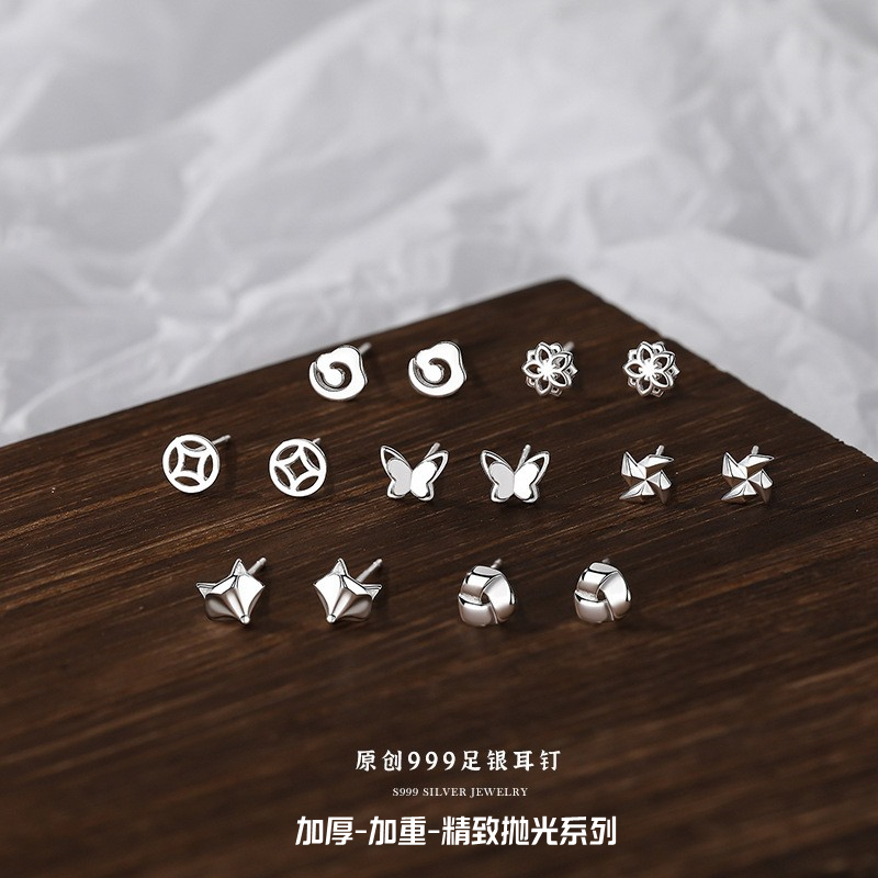 阿卡妍 足银耳饰 迷你耳钉女小巧手工森系免摘耳棒养耳洞精致饰品