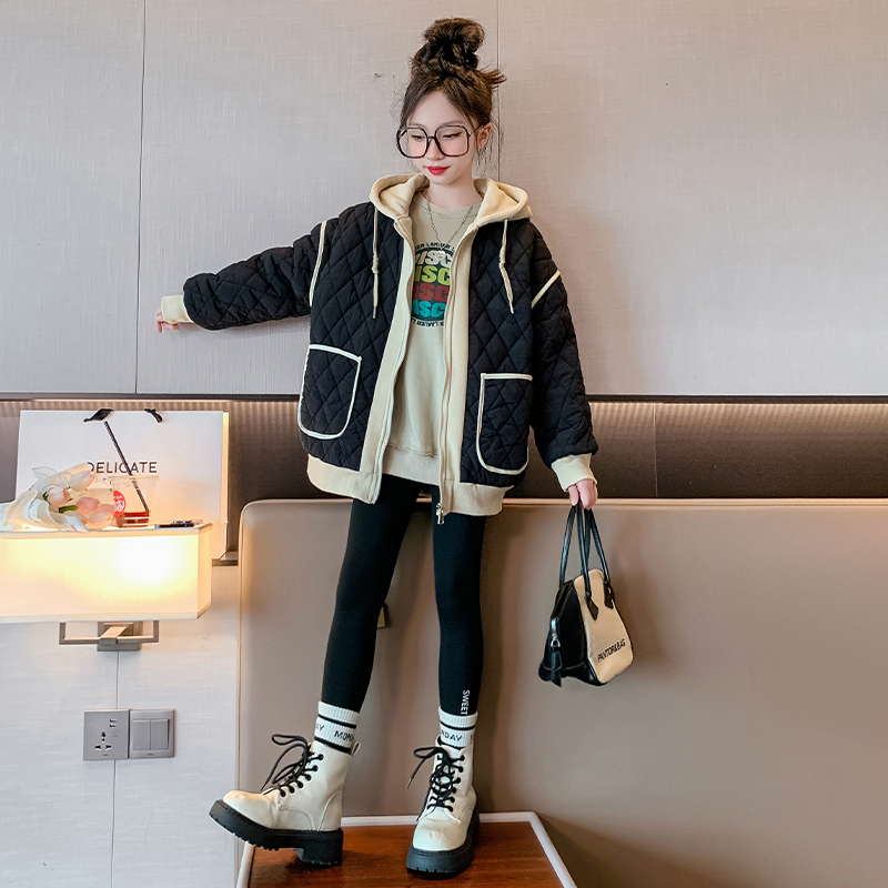 女童加绒棉服外套2023新款中大儿童时髦秋冬拼接连帽棉衣时尚休闲