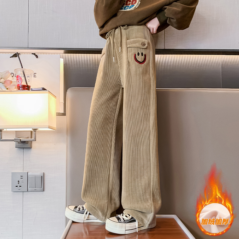 女童加绒裤秋冬加厚2023新款中大童洋派阔腿裤宽松直筒保暖裤子