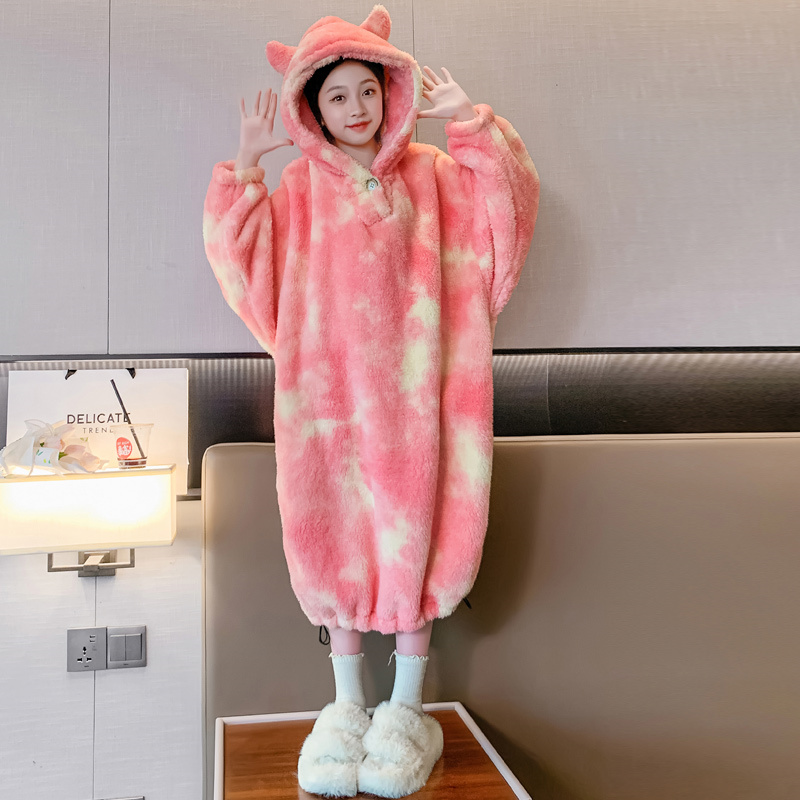 女童冬季法兰绒睡袍加厚洋气2023新款可爱女孩连帽珊瑚绒睡裙保暖