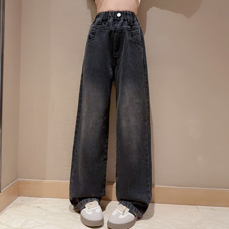女童阔腿裤秋冬季牛仔裤加绒2023新款裤子中大童宽松加厚长裤子潮