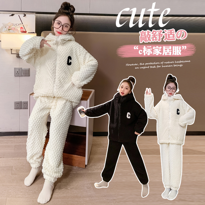 女童珊瑚绒睡衣长袖长裤2023新款中大儿童双面绒加厚可外穿家居服