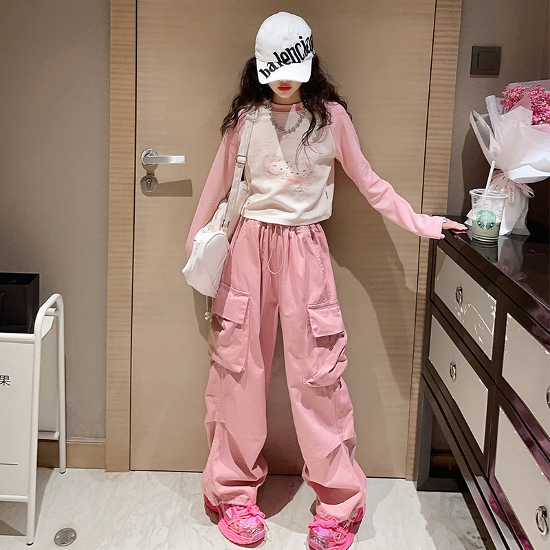 女童粉色工装裤套装春秋2023新款洋气女孩休闲裤儿童两件套秋装潮