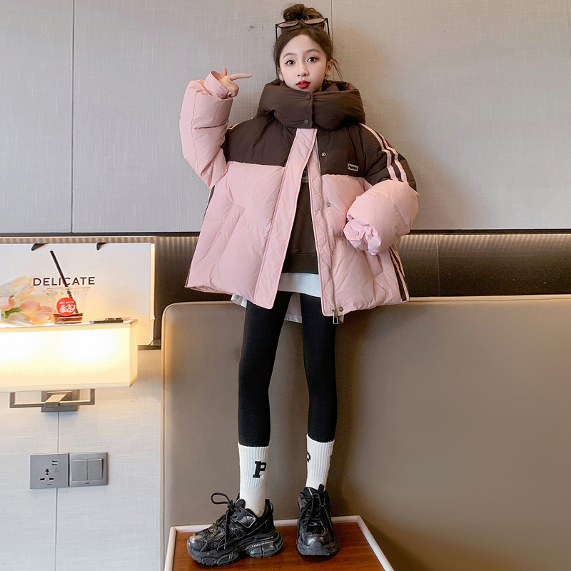 女童冬装羽绒服白鸭绒2023新款中大儿童连帽拼色冬季厚外套潮女孩