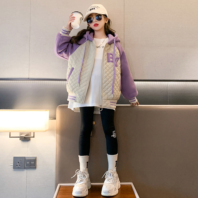 女童插肩袖拼色外套加绒秋冬季2023新款韩版中大儿童洋气连帽棉衣