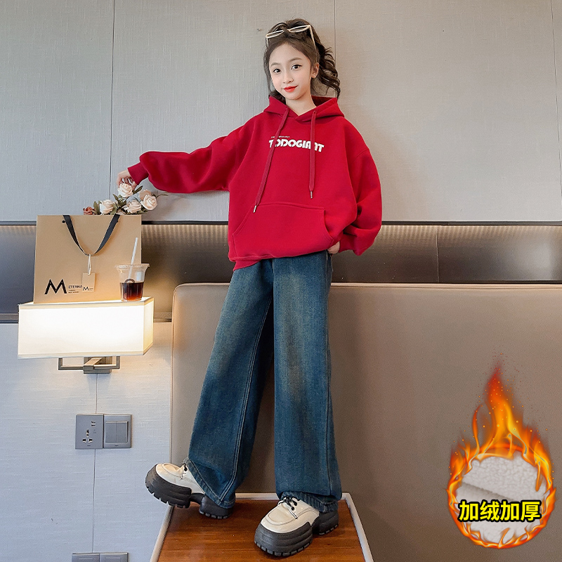 女童连帽卫衣加绒加厚2023新款年服中大儿童甜美女孩红色帽衫休闲