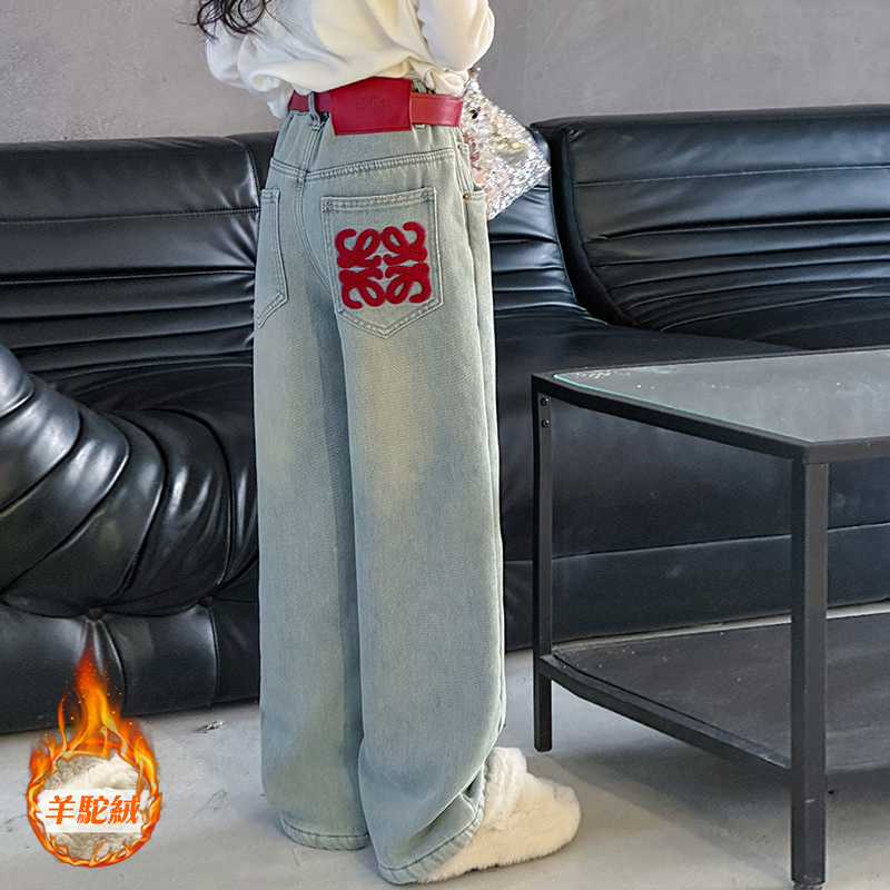 女童牛仔裤加厚保暖冬装休闲裤子2023新款洋气宽松直筒阔腿裤加绒