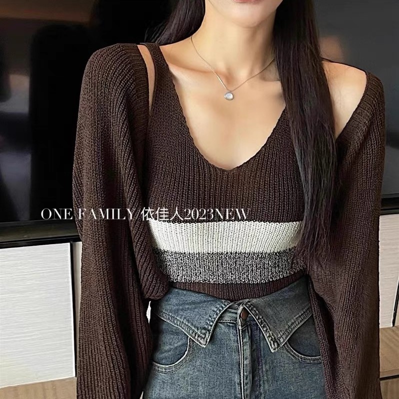 法式复古蝙蝠袖两件套长袖吊带毛衣秋宽松U领针织针织衫女上衣019