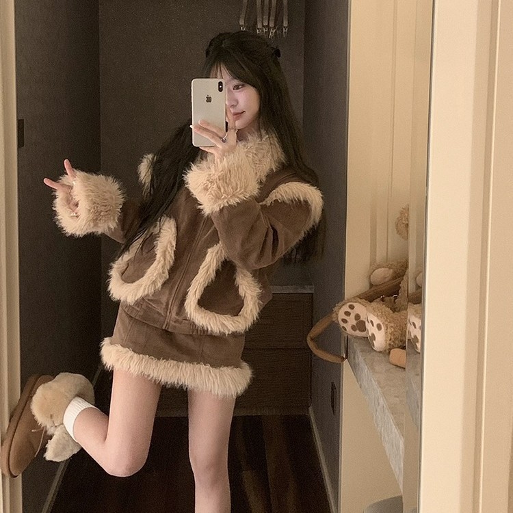 冬季热coco皮绒夹克外套半裙两件套装冬装搭配一整套