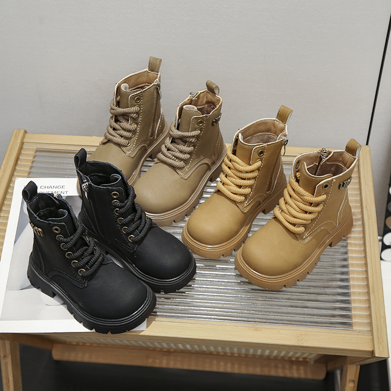 【Y】男女童加绒马丁靴皮面短靴儿童英伦风二棉靴子秋冬保暖黄靴