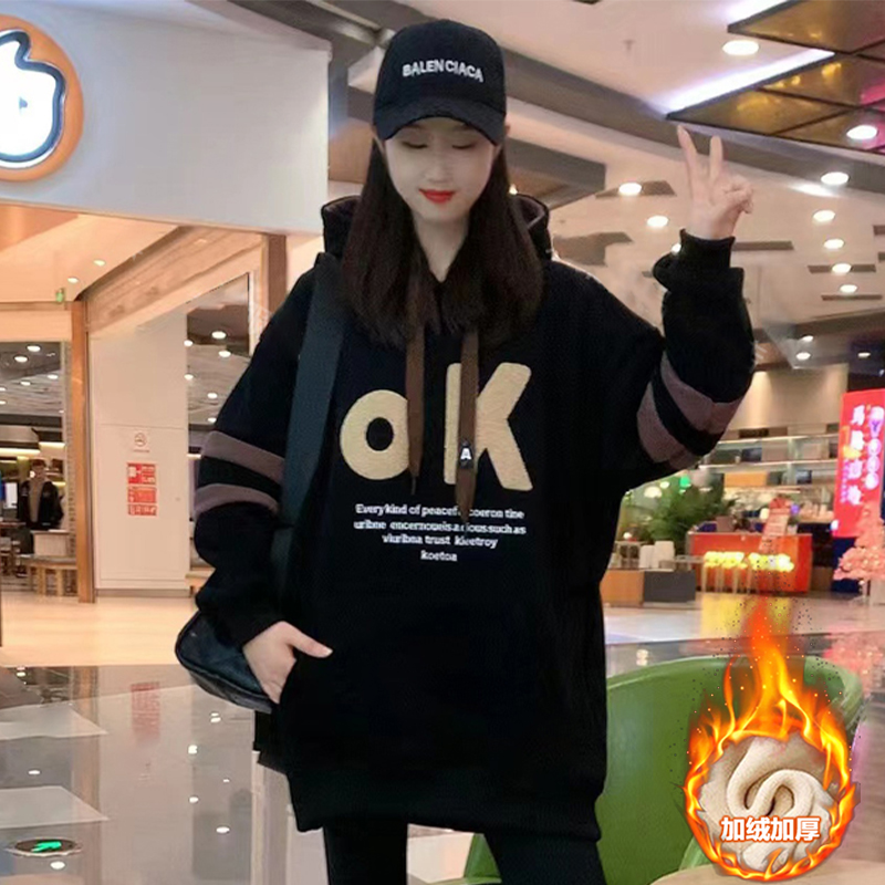 加绒加厚时尚休闲字母连帽卫衣女2023年冬季新款宽松百搭显瘦外套