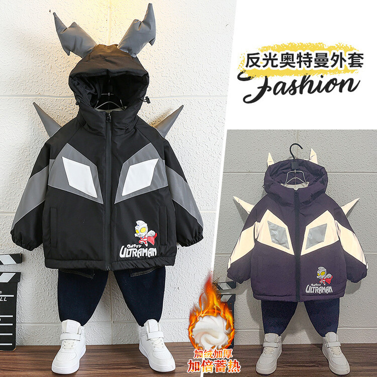 秋冬加绒连帽外套男童小怪兽反光派克服奥特曼加绒外套男孩中大童