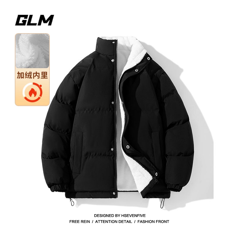 GLM 纯色羊羔绒棉衣男士冬季加绒加厚宽松青少年潮流上衣时尚棉服