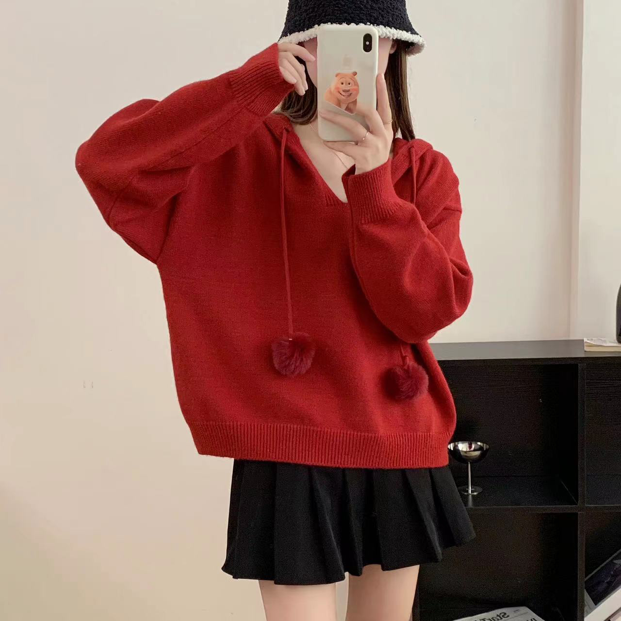 新疆包邮- MY041#连帽软糯宽松毛毛球外穿针织上衣显瘦百搭