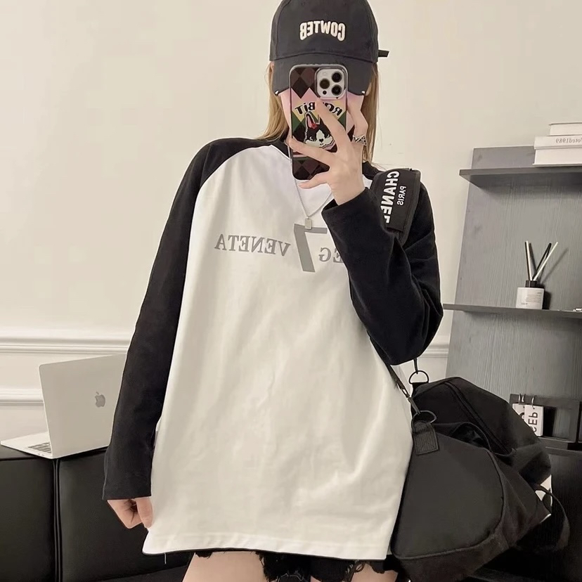 新疆包邮-D122#插肩袖宽松拼接长袖休闲百搭中长款t恤