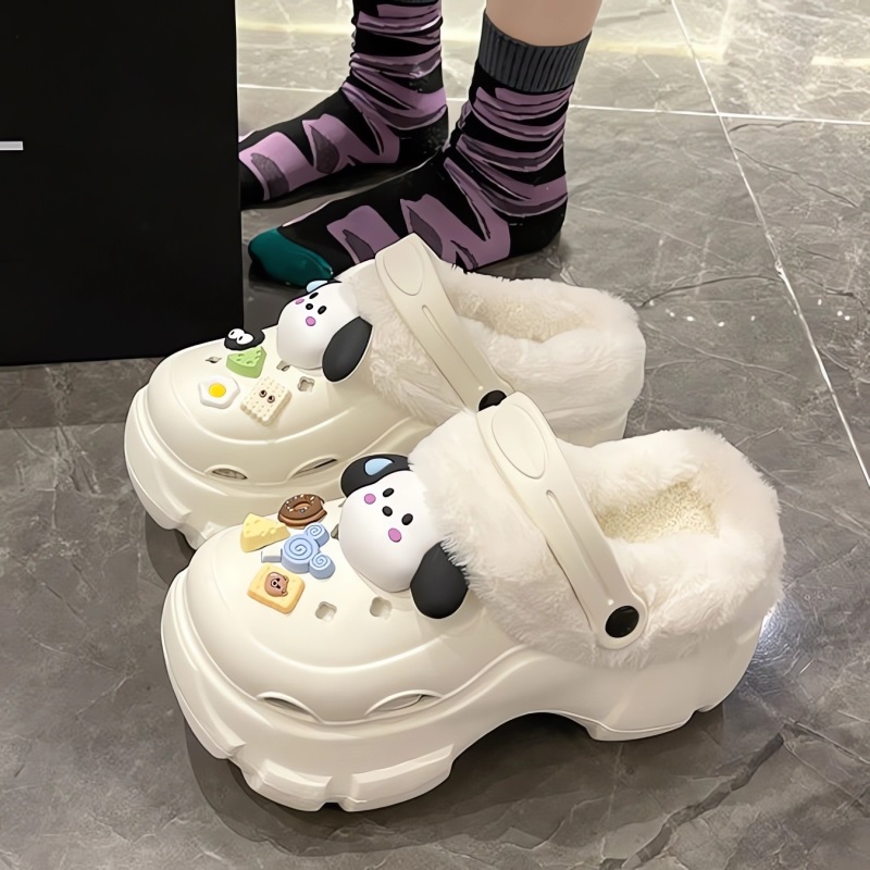 加绒洞洞鞋女外穿冬季2023新款厚底增高保暖流汗狗毛绒棉拖鞋冬天