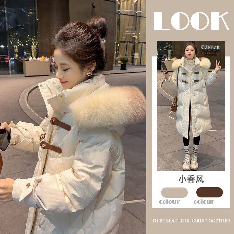 2023新款秋冬大衣皮扣毛领外套女时尚百搭冬天棉服夹棉保暖中长款