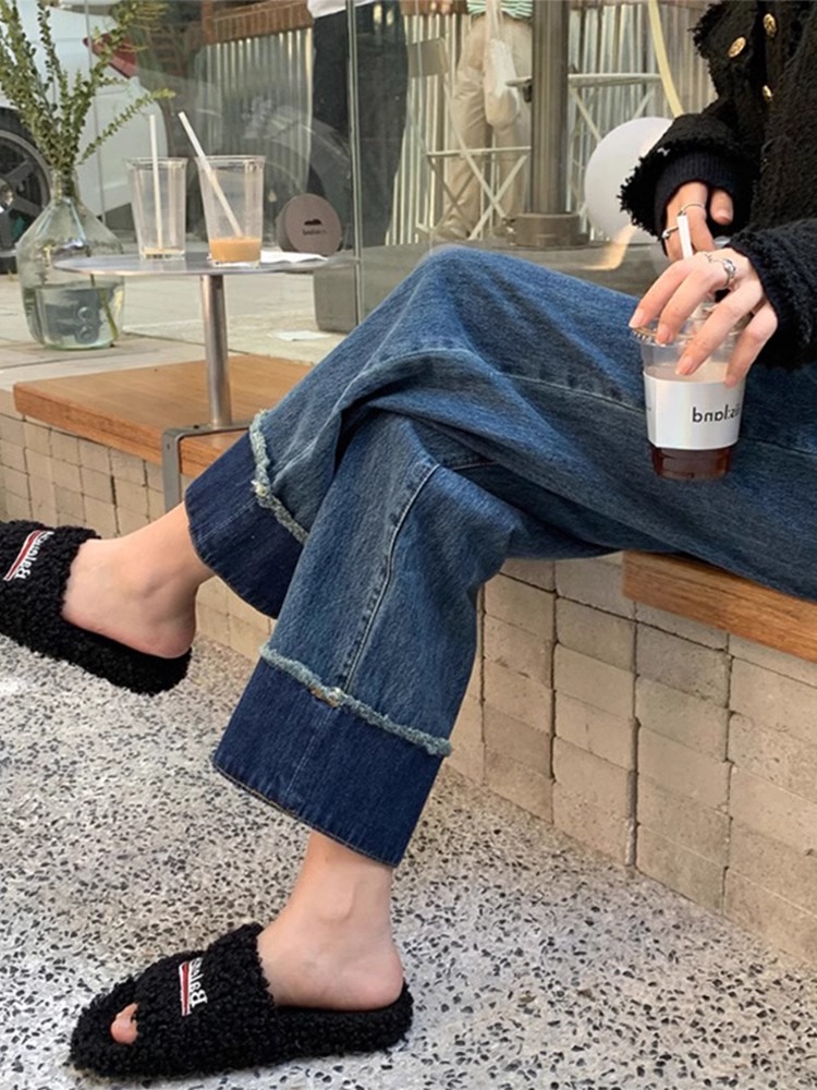 复古卷边牛仔裤女2024夏季胖妹妹mm梨形身材宽松显瘦直筒阔腿裤子