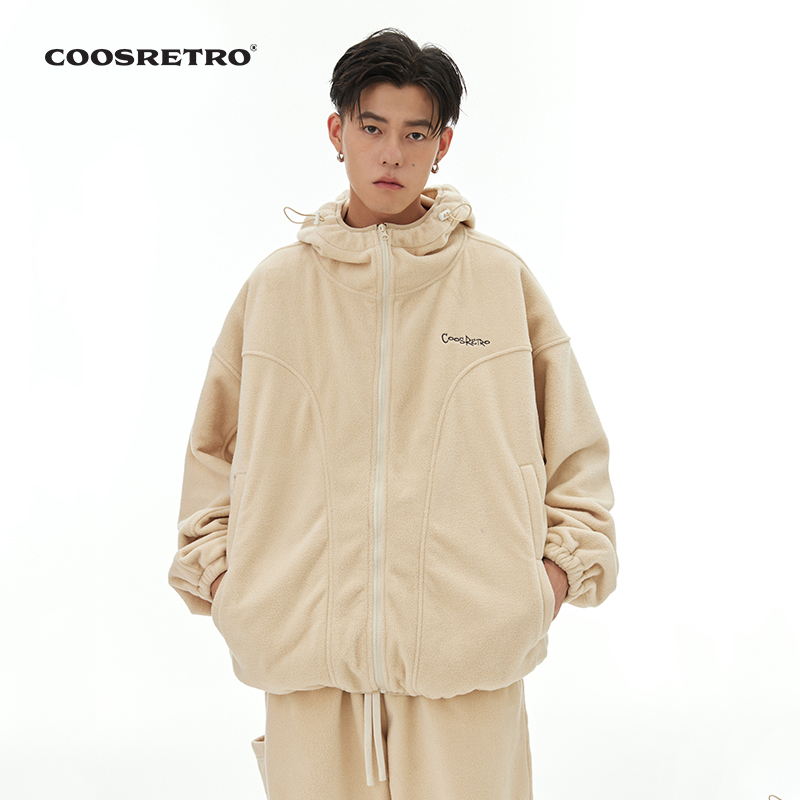 【圈圈大爷专属】美式复古摇粒绒刺绣解构开衫连帽卫衣外套 CS33J23