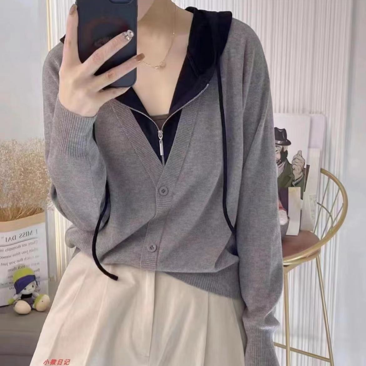 秋季新款女韩版宽松单排扣开衫百搭洋气假两件连帽针织衫
