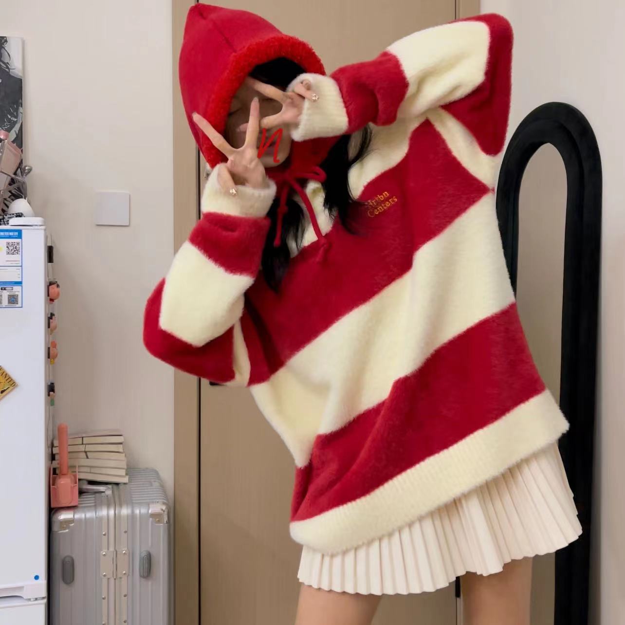 HeartBoon 秋季条纹Polo毛衣慵懒仿貂毛姜黄奶杏色针织衫 HB4M134