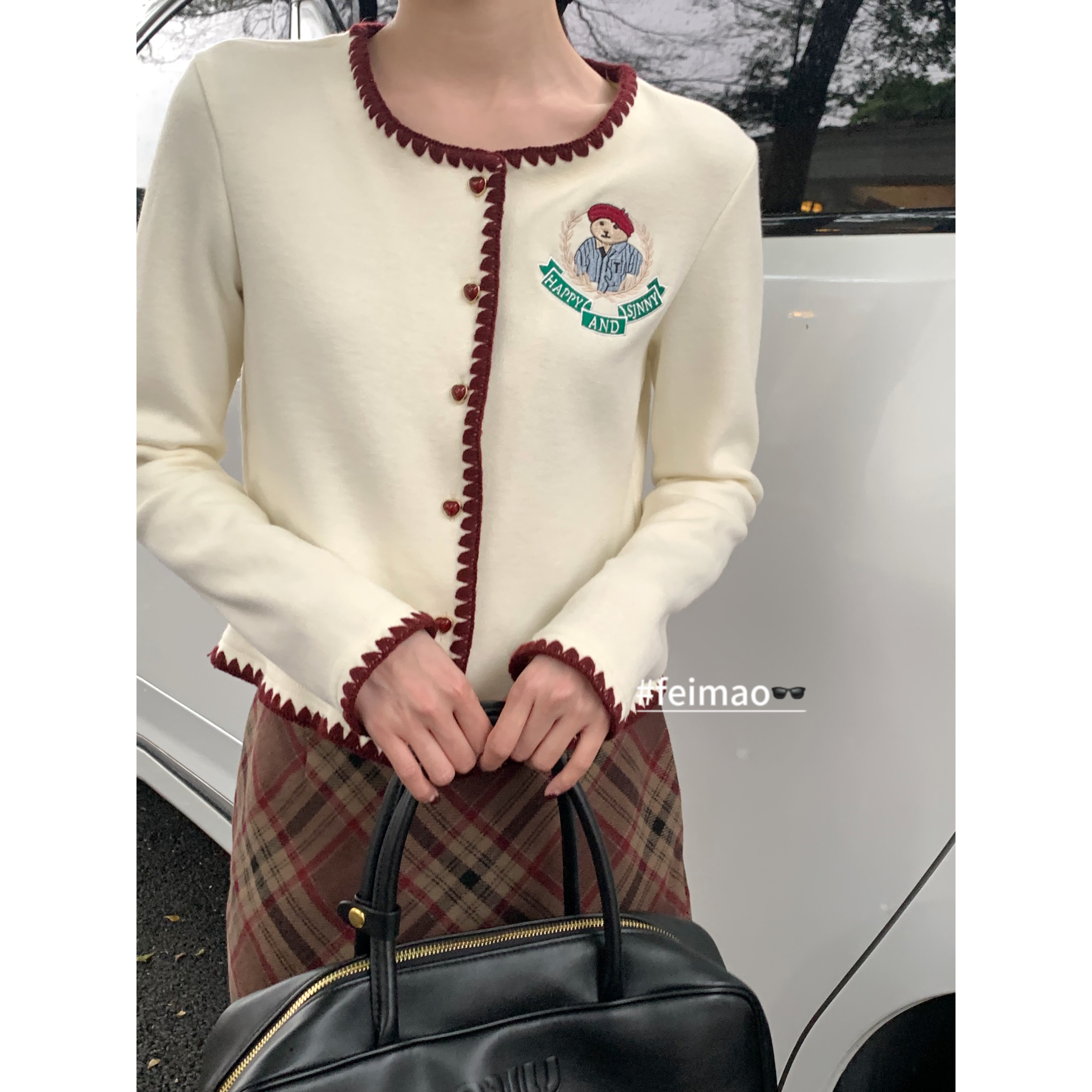 【赵小小yimao】1929 针织衫韩版休闲撞色刺绣卡通字母圆领开衫上衣