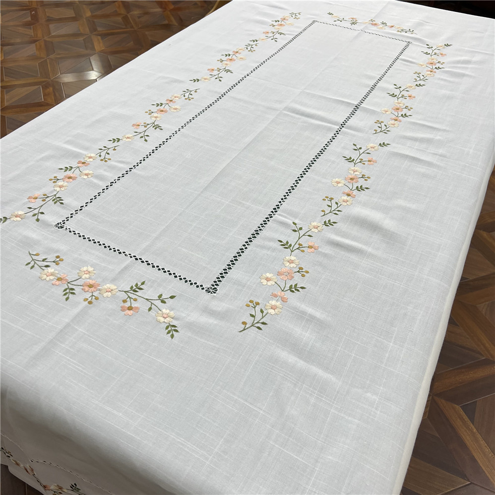 GH559竹节麻（145*225cm）白色重工刺绣抽纱长方形茶几餐桌欧式桌布