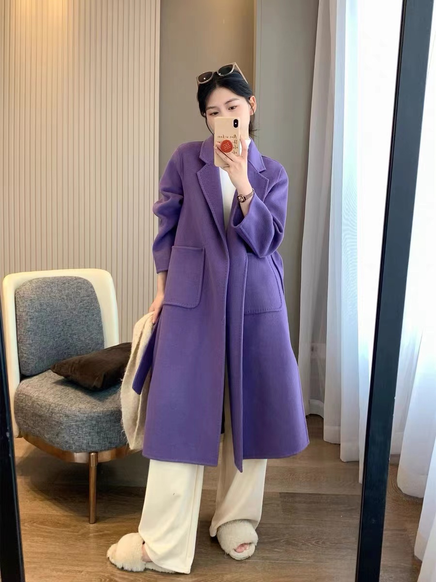 双面呢子大衣女秋季系带韩版宽松显瘦毛呢外套中长款21030