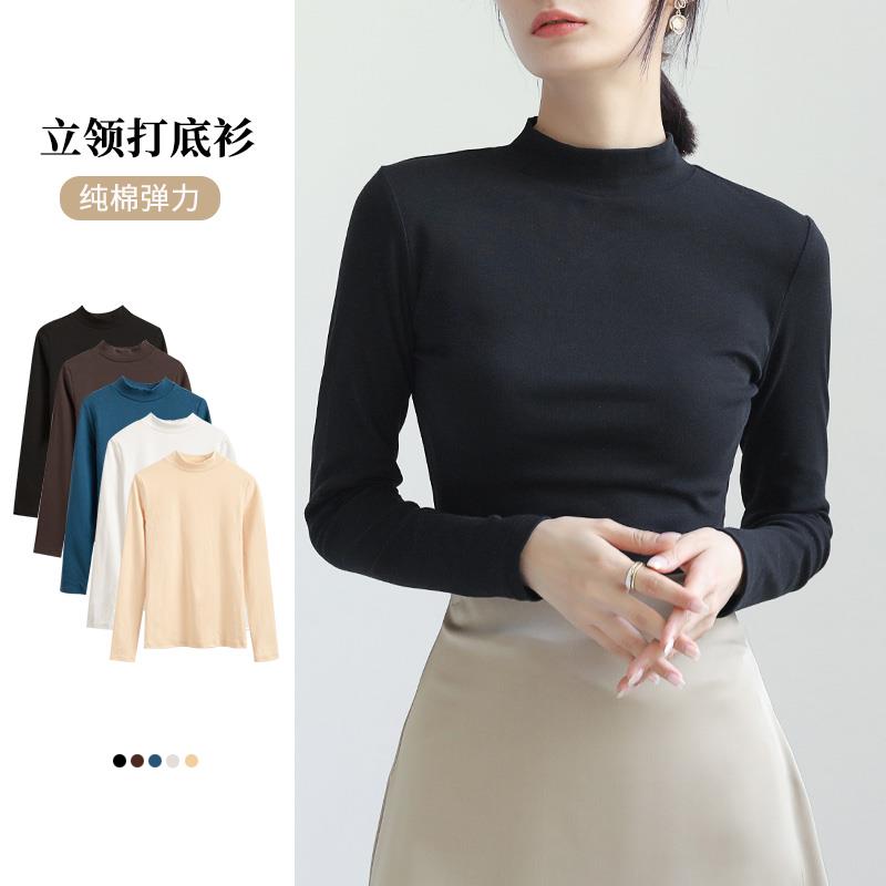 黑色小立领打底衫女秋冬内搭半高领长袖恤春秋款纯棉恤中领上衣