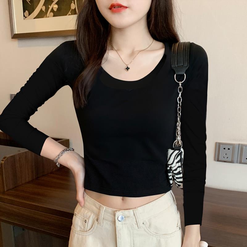 黑色T恤女新款短款露脐高腰紧身性感长袖修身打底衫内搭上衣