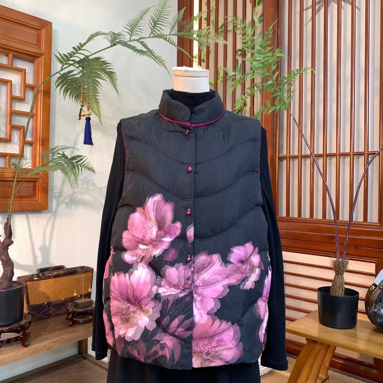 江南凤羽【芸梦】中国风雅致印花百搭款鹅绒背心马甲FY3501