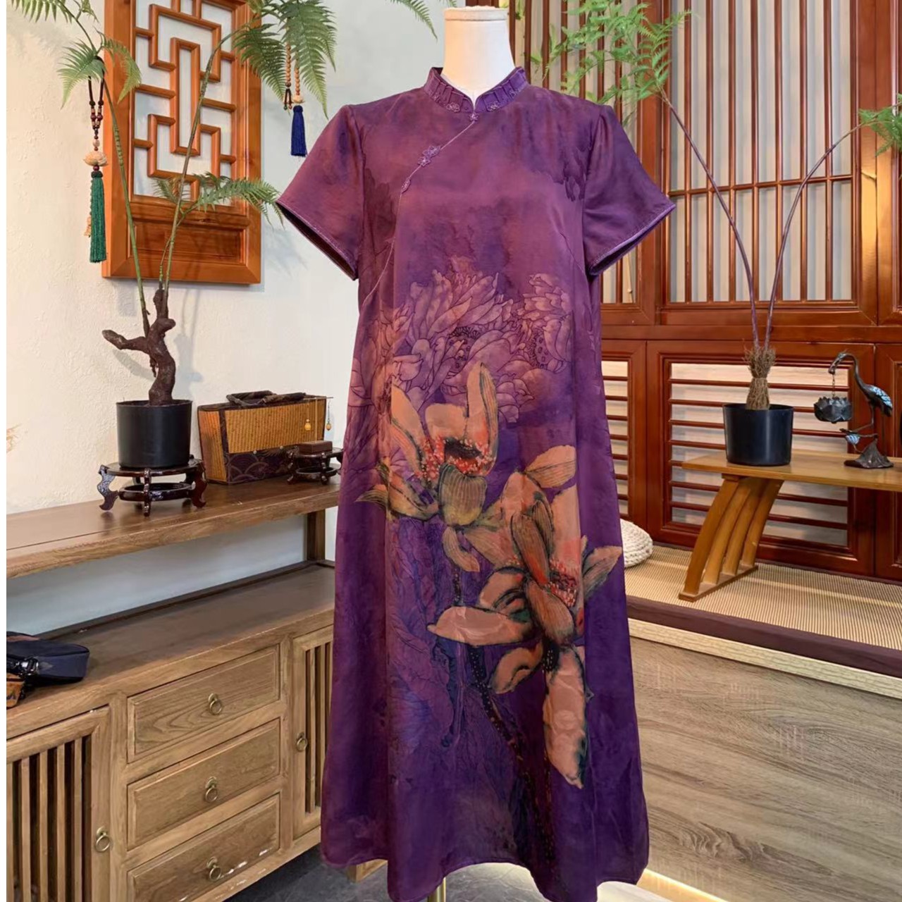 江南凤羽【荷影如梦】复古轻中式立领定位花香云纱连衣裙FY2142