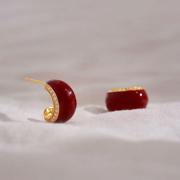 合金耳饰 酒红色设计感高级耳钉法式复古精致半圈耳环秋冬耳饰ins