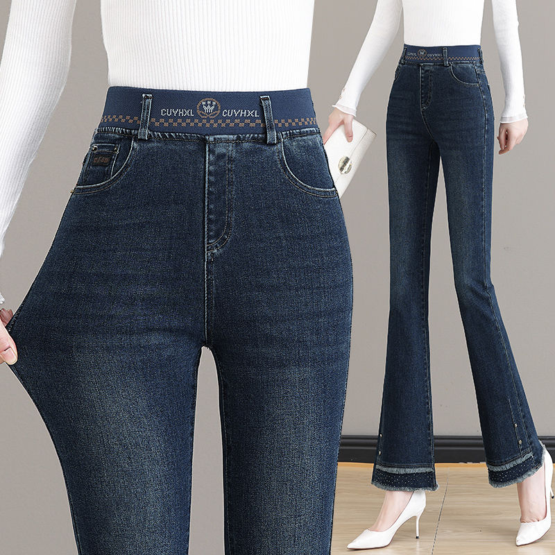 秋冬季中年牛仔裤女加绒加厚防寒高腰窄版阔腿外穿微喇裤弹力显瘦