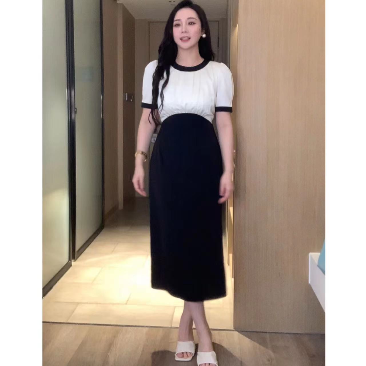 XINYI【鎏金派对】法式假两件撞色连衣裙女韩版收腰显瘦X623Q00106