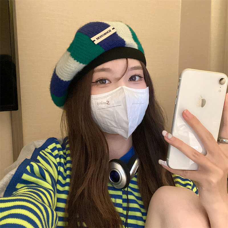 日系小众撞色贝雷帽子女春秋毛线针织休闲百搭蓓蕾帽复古画家帽潮