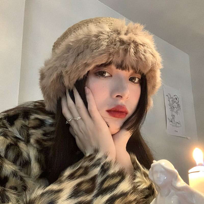 毛线帽女日系百搭显脸小冬季加厚保暖护耳兔毛毛大头围针织渔夫帽
