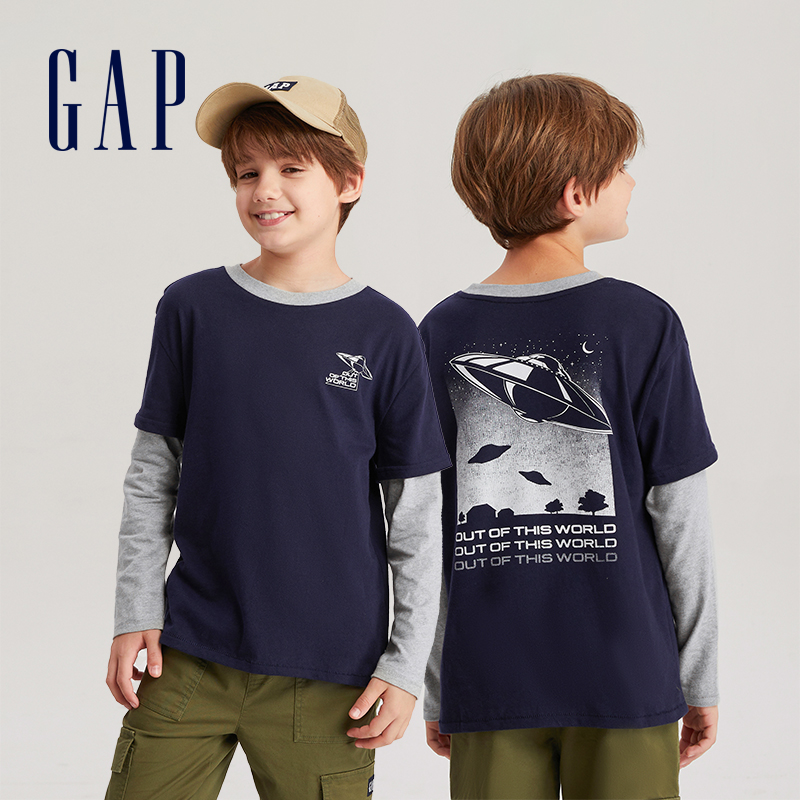 Gap男童秋季2023新款纯棉假两件长袖T恤736017儿童装运动休闲上衣